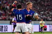 20 September 2019; Kirill Golosnitskiy of Russia, right, celebrates with team-mate Vasily Artemyev after scoring their side's first try during the 2019 Rugby World Cup Pool A match between Japan and Russia at the Tokyo Stadium in Chofu, Japan. Photo by Brendan Moran/Sportsfile