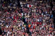 20 September 2019; Japan supporters cheer a try for their side during the 2019 Rugby World Cup Pool A match between Japan and Russia at the Tokyo Stadium in Chofu, Japan. Photo by Brendan Moran/Sportsfile