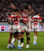 20 September 2019; Kotaro Matsushima of Japan celebrates with team-mates after he scores his side's fourth try during the 2019 Rugby World Cup Pool A match between Japan and Russia at the Tokyo Stadium in Chofu, Japan. Photo by Brendan Moran/Sportsfile