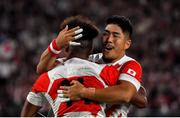 20 September 2019; Kotaro Matsushima of Japan celebrates with team-mate after he scores his side's fourth try during the 2019 Rugby World Cup Pool A match between Japan and Russia at the Tokyo Stadium in Chofu, Japan. Photo by Brendan Moran/Sportsfile