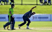 20 September 2019; Safyaan Sharif of Scotland bowls a delivery during the T20 International Tri Series match between Ireland and Scotland at Malahide Cricket Club in Dublin. Photo by Piaras Ó Mídheach/Sportsfile