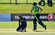 20 September 2019; Safyaan Sharif of Scotland reacts after appealing to an umpire during the T20 International Tri Series match between Ireland and Scotland at Malahide Cricket Club in Dublin. Photo by Piaras Ó Mídheach/Sportsfile