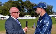 20 September 2019; Scotland captain Richie Berrington is interviewed by commentator John Kenny before the T20 International Tri Series match between Ireland and Scotland at Malahide Cricket Club in Dublin. Photo by Piaras Ó Mídheach/Sportsfile