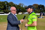 20 September 2019; Ireland captain Gary Wilson is interviewed by commentator John Kenny before the T20 International Tri Series match between Ireland and Scotland at Malahide Cricket Club in Dublin. Photo by Piaras Ó Mídheach/Sportsfile