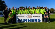 20 September 2019; The Ireland team celebrate after beating Scotland to win the T20 International Tri Series match between Ireland and Scotland at Malahide Cricket Club in Dublin. Photo by Piaras Ó Mídheach/Sportsfile