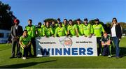 20 September 2019; The Ireland team with Gurmeet Singh/GS Holding Inc, left, and Sona Singh/GS Holding Inc,  after the T20 International Tri Series match between Ireland and Scotland at Malahide Cricket Club in Dublin. Photo by Piaras Ó Mídheach/Sportsfile