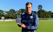 20 September 2019; George Munsey of Scotland with his Player of the Series Award after the T20 International Tri Series match between Ireland and Scotland at Malahide Cricket Club in Dublin. Photo by Piaras Ó Mídheach/Sportsfile