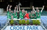 20 September 2019; Iron Cup Winners Margaret Mullett, from the Irish Haemochromatosis Association presents The Toureen Group, team captain David O'Donnell from Beart Co Donegal lifts the cup as his team-mates celebrate, pictured at Croke Park with the Perpetual Iron Cup for Gaelic Football for the Inaugural Iron Games 2019 in aid of the Irish Haemochromatosis Association (IHA). Well-known Irish construction companies competed in Gaelic Football in Croke Park on Friday, 20th September. Set to raise vital funds to combat the most common genetic disorder in Ireland and to promote health, wellness and engagement amongst construction employees, plans are already afoot to stage the games in 2020, when all industries will be invited to participate and make a real difference to the treatments for this disorder.  Participants can sign up for 2020 or donate on www.haemochromatosis-ir.com. Photo by Matt Browne/Sportsfile