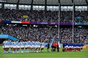 21 September 2019; The Argentina players stand for the National Anthem prior to the 2019 Rugby World Cup Pool C match between France and Argentina at the Tokyo Stadium in Chofu, Japan. Photo by Brendan Moran/Sportsfile