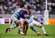 21 September 2019; Damian Penaud of France is tackled by Guido Petti and Tomas Lavanini of Argentina during the 2019 Rugby World Cup Pool C match between France and Argentina at the Tokyo Stadium in Chofu, Japan. Photo by Brendan Moran/Sportsfile