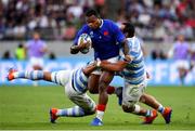 21 September 2019; Virimi Vakatawa of France is tackled by Tomas Lavanini, left, with Juan Figallo of Argentina during the 2019 Rugby World Cup Pool C match between France and Argentina at the Tokyo Stadium in Chofu, Japan. Photo by Brendan Moran/Sportsfile