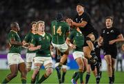 21 September 2019; Cheslin Kolbe of South Africa against Anton Lienert-Brown of New Zealand during the 2019 Rugby World Cup Pool B match between New Zealand and South Africa at the International Stadium in Yokohama, Japan. Photo by Ramsey Cardy/Sportsfile