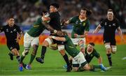 21 September 2019; Ardie Savea of New Zealand is tackled by Siya Kolisi of South Africa left, and, Faf de Klerk of South Africa right, during the 2019 Rugby World Cup Pool B match between New Zealand and South Africa at the International Stadium in Yokohama, Japan. Photo by Ramsey Cardy/Sportsfile