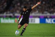 21 September 2019; Richie Mo'unga of New Zealand kicks a conversion for his side during the 2019 Rugby World Cup Pool B match between New Zealand and South Africa at the International Stadium in Yokohama, Japan. Photo by Ramsey Cardy/Sportsfile