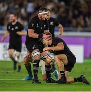 21 September 2019; George Bridge of New Zealand is congratulated by new Zealand captain Kieran Read, after scoring his side's first try during the 2019 Rugby World Cup Pool B match between New Zealand and South Africa at the International Stadium in Yokohama, Japan. Photo by Ramsey Cardy/Sportsfile