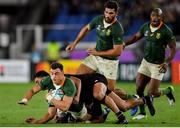 21 September 2019; Frans Steyn of South Africa is tackled by Anton Lienert-Brown of New Zealand during the 2019 Rugby World Cup Pool B match between New Zealand and South Africa at the International Stadium in Yokohama, Japan. Photo by Ramsey Cardy/Sportsfile