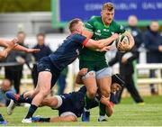 21 September 2019; Peter Robb of Connacht is tackled by Tyler Bleyendaal, right, and Rory Scannell of Munster  during the Pre-Season Friendly match between Connacht and Munster at The Galway Sportsground in Galway. Photo by Harry Murphy/Sportsfile