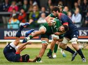 21 September 2019; Colby Fainga'a of Connacht is tackled by Seán O'Connor, right, and Tyler Bleyendaal of Munster during the Pre-Season Friendly match between Connacht and Munster at The Galway Sportsground in Galway. Photo by Harry Murphy/Sportsfile