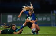 21 September 2019; Megan Williams of Leinster is tackled by Beibhinn Parsons, left, and Mary Healy of Connacht during the Women's Interprovincial Championship Final match between Leinster and Connacht at Energia Park in Donnybrook, Dublin. Photo by Eóin Noonan/Sportsfile