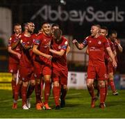 21 September 2019; Jaze Kabia, third from left, celebrates with his Shelbourne team-mates after scoring their opening goal during the SSE Airtricity League First Division match between Shelbourne and Limerick FC at Tolka Park in Dublin. Photo by Stephen McCarthy/Sportsfile