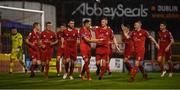 21 September 2019; Jaze Kabia, centre, celebrates with his Shelbourne team-mates after scoring their opening goal during the SSE Airtricity League First Division match between Shelbourne and Limerick FC at Tolka Park in Dublin. Photo by Stephen McCarthy/Sportsfile