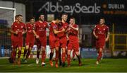 21 September 2019; Jaze Kabia, fourth from right, celebrates with his Shelbourne team-mates after scoring their opening goal during the SSE Airtricity League First Division match between Shelbourne and Limerick FC at Tolka Park in Dublin. Photo by Stephen McCarthy/Sportsfile