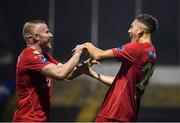 21 September 2019; Jaze Kabia, right, celebrates with his Shelbourne team-mate Lorcan Fitzgerald after scoring their side's fourth goal during the SSE Airtricity League First Division match between Shelbourne and Limerick FC at Tolka Park in Dublin. Photo by Stephen McCarthy/Sportsfile