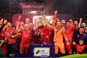 21 September 2019; Shelbourne captain Lorcan Fitzgerald, left, and Dean Delany lift the SSE Airtricity League First Division cup following their SSE Airtricity League First Division match against Limerick FC at Tolka Park in Dublin. Photo by Stephen McCarthy/Sportsfile