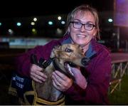 21 September 2019; Trainer Nicky Holland with Lenson Bocko after winning the 2019 BoyleSports Irish Greyhound Derby Final, at Shelbourne Park in Dublin.  Photo by Harry Murphy/Sportsfile