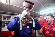 21 September 2019; Kit-man Johnny Watson celebrates with the SSE Airtricity League First Division cup following their SSE Airtricity League First Division match against Limerick FC at Tolka Park in Dublin. Photo by Stephen McCarthy/Sportsfile