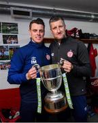 21 September 2019; Shelbourne manager Ian Morris and assistant coach Jason McGuinness with the SSE Airtricity League First Division cup following their SSE Airtricity League First Division match against Limerick FC at Tolka Park in Dublin. Photo by Stephen McCarthy/Sportsfile
