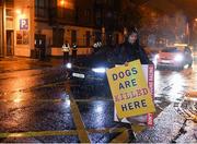21 September 2019; Protestors are seen outside the stadium prior to the 2019 BoyleSports Irish Greyhound Derby Final, at Shelbourne Park in Dublin.  Photo by Harry Murphy/Sportsfile
