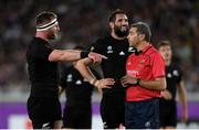 21 September 2019; New Zealand captain Kieran Read in conversation with Referee Jérôme Garcès during the 2019 Rugby World Cup Pool B match between New Zealand and South Africa at the International Stadium in Yokohama, Japan. Photo by Ramsey Cardy/Sportsfile