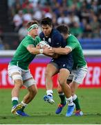 22 September 2019; Sean Maitland of Scotland is tackled by Josh Van der Flier, left and Jonathan Sexton of Ireland prior to the 2019 Rugby World Cup Pool A match between Ireland and Scotland at the International Stadium in Yokohama, Japan. Photo by Ramsey Cardy/Sportsfile