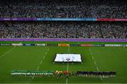 22 September 2019; Players and match officials during the playing of the anthems prior to the 2019 Rugby World Cup Pool A match between Ireland and Scotland at the International Stadium in Yokohama, Japan. Photo by Ramsey Cardy/Sportsfile