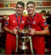 21 September 2019; Darragh Noone, left, and Oscar Brennan of Shelbourne with the SSE Airtricity League First Division cup following their SSE Airtricity League First Division match against Limerick FC at Tolka Park in Dublin. Photo by Stephen McCarthy/Sportsfile