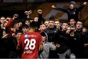 21 September 2019; Shelbourne supporters with Denzil Fernandez following during the SSE Airtricity League First Division match between Shelbourne and Limerick FC at Tolka Park in Dublin. Photo by Stephen McCarthy/Sportsfile