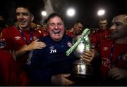 21 September 2019; Shelbourne kitman Johnny Watson and players celebrate after being presented with the SSE Airtricity League First Division cup following their SSE Airtricity League First Division match against Limerick FC at Tolka Park in Dublin. Photo by Stephen McCarthy/Sportsfile