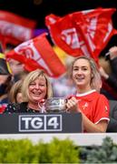15 September 2019; Marie Hickey, President, LGFA, presents Louth captain Kate Flood with the West County Hotel Cup after the TG4 All-Ireland Ladies Football Junior Championship Final match between Fermanagh and Louth at Croke Park in Dublin. Photo by Piaras Ó Mídheach/Sportsfile