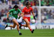 15 September 2019; Eimear Byrne of Louth in action against Aisling Woods of Fermanagh during the TG4 All-Ireland Ladies Football Junior Championship Final match between Fermanagh and Louth at Croke Park in Dublin. Photo by Piaras Ó Mídheach/Sportsfile