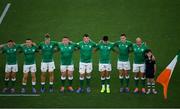 22 September 2019; Ireland players, from left, Jordan Larmour, Andrew Conway, Josh Van der Flier, Tadhg Furlong, Peter O'Mahony, Conor Murray, Jonathan Sexton and Rory Best ahead of the 2019 Rugby World Cup Pool A match between Ireland and Scotland at the International Stadium in Yokohama, Japan. Photo by Ramsey Cardy/Sportsfile
