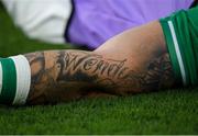 22 September 2019; A tattoo on the arm of Andrew Porter of Ireland during the 2019 Rugby World Cup Pool A match between Ireland and Scotland at the International Stadium in Yokohama, Japan. Photo by Ramsey Cardy/Sportsfile