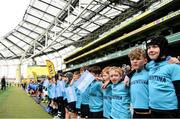 22 September 2019; Aviva Ireland gave 400 children the dream opportunity to take part in the Aviva Mini Nations Cup in Aviva Stadium on Sunday, September 22. 20 U10 boys’ and U12 girls’ teams from clubs nationwide took to the hallowed pitch after Ireland’s heroic win over Scotland in Japan for their very own Mini Rugby Nations Cup. See aviva.ie/safetodream or @AvivaIreland social channels for details. Players from Dundalk RFC, Louth, representing Argentina stand for the playing of Irelands call during the Aviva Mini Rugby Nations Cup at Aviva Stadium in Dublin. Photo by Eóin Noonan/Sportsfile