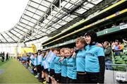 22 September 2019; Aviva Ireland gave 400 children the dream opportunity to take part in the Aviva Mini Nations Cup in Aviva Stadium on Sunday, September 22. 20 U10 boys’ and U12 girls’ teams from clubs nationwide took to the hallowed pitch after Ireland’s heroic win over Scotland in Japan for their very own Mini Rugby Nations Cup. See aviva.ie/safetodream or @AvivaIreland social channels for details. Players from Dundalk RFC, Louth, representing Argentina stand for the playing of Irelands call during the Aviva Mini Rugby Nations Cup at Aviva Stadium in Dublin. Photo by Eóin Noonan/Sportsfile