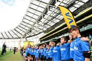 22 September 2019; Aviva Ireland gave 400 children the dream opportunity to take part in the Aviva Mini Nations Cup in Aviva Stadium on Sunday, September 22. 20 U10 boys’ and U12 girls’ teams from clubs nationwide took to the hallowed pitch after Ireland’s heroic win over Scotland in Japan for their very own Mini Rugby Nations Cup. See aviva.ie/safetodream or @AvivaIreland social channels for details. Players from An Ghaeltacht RFC, Galway, representing Namibia stand for the playing of Irelands call during the Aviva Mini Rugby Nations Cup at Aviva Stadium in Dublin. Photo by Eóin Noonan/Sportsfile