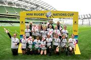 22 September 2019; Aviva Ireland gave 400 children the dream opportunity to take part in the Aviva Mini Nations Cup in Aviva Stadium on Sunday, September 22. 20 U10 boys’ and U12 girls’ teams from clubs nationwide took to the hallowed pitch after Ireland’s heroic win over Scotland in Japan for their very own Mini Rugby Nations Cup. See aviva.ie/safetodream or @AvivaIreland social channels for details. Players from Greystones RFC, Wicklow, representing England with Ireland and Ulster rugby player Jordi Murphy during the Aviva Mini Rugby Nations Cup at Aviva Stadium in Dublin. Photo by Eóin Noonan/Sportsfile