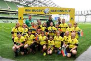 22 September 2019; Aviva Ireland gave 400 children the dream opportunity to take part in the Aviva Mini Nations Cup in Aviva Stadium on Sunday, September 22. 20 U10 boys’ and U12 girls’ teams from clubs nationwide took to the hallowed pitch after Ireland’s heroic win over Scotland in Japan for their very own Mini Rugby Nations Cup. See aviva.ie/safetodream or @AvivaIreland social channels for details. Players from Virginia RFC, Cavan, representing South Africa with Ireland and Ulster rugby player Jordi Murphy during the Aviva Mini Rugby Nations Cup at Aviva Stadium in Dublin. Photo by Eóin Noonan/Sportsfile