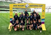 22 September 2019; Aviva Ireland gave 400 children the dream opportunity to take part in the Aviva Mini Nations Cup in Aviva Stadium on Sunday, September 22. 20 U10 boys’ and U12 girls’ teams from clubs nationwide took to the hallowed pitch after Ireland’s heroic win over Scotland in Japan for their very own Mini Rugby Nations Cup. See aviva.ie/safetodream or @AvivaIreland social channels for details. Players from Longford RFC representing USA with Ireland and Ulster rugby player Jordi Murphy during the Aviva Mini Rugby Nations Cup at Aviva Stadium in Dublin. Photo by Eóin Noonan/Sportsfile