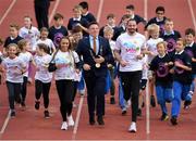 23 September 2019; Athletics Ireland and Dublin City Sport & Wellbeing Partnership are calling on all primary schools in the Dublin City area to sign up to The Daily Mile! Our aim is to get as many schools as possible signed up in the month of September. Pictured are Irish Athletes Ger O’Donnell and Nadia Power, Lord Mayor of Dublin Paul McAuliff and children from Bayside National School and Star Of the Sea, Ringsend, at The Daily Mile Dublin City Schools launch at the Irishtown Stadium in Dublin. Photo by Harry Murphy/Sportsfile