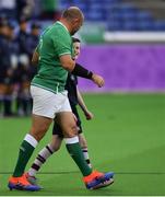 22 September 2019; Ireland captain Rory Best walkso nto the pitch with a mascot during the 2019 Rugby World Cup Pool A match between Ireland and Scotland at the International Stadium in Yokohama, Japan. Photo by Brendan Moran/Sportsfile